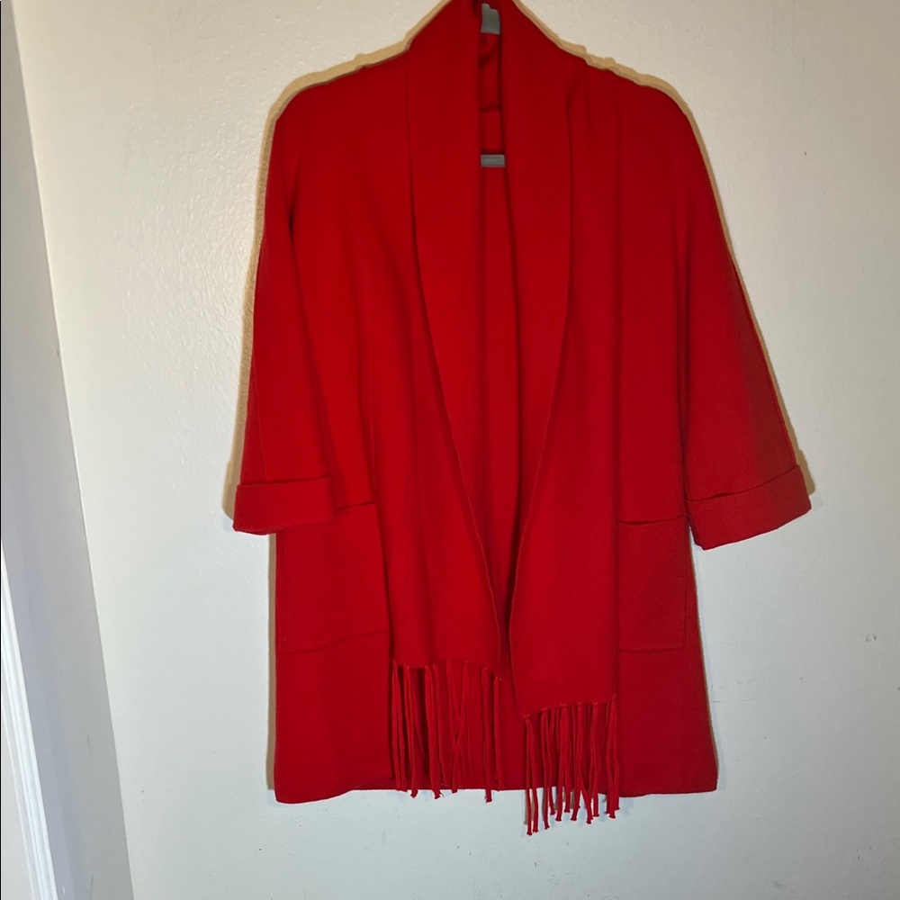 Red Open-Front Knit Cardigan Sweater with Fringe Shawl Collar 3/4 Sleeve L/XL